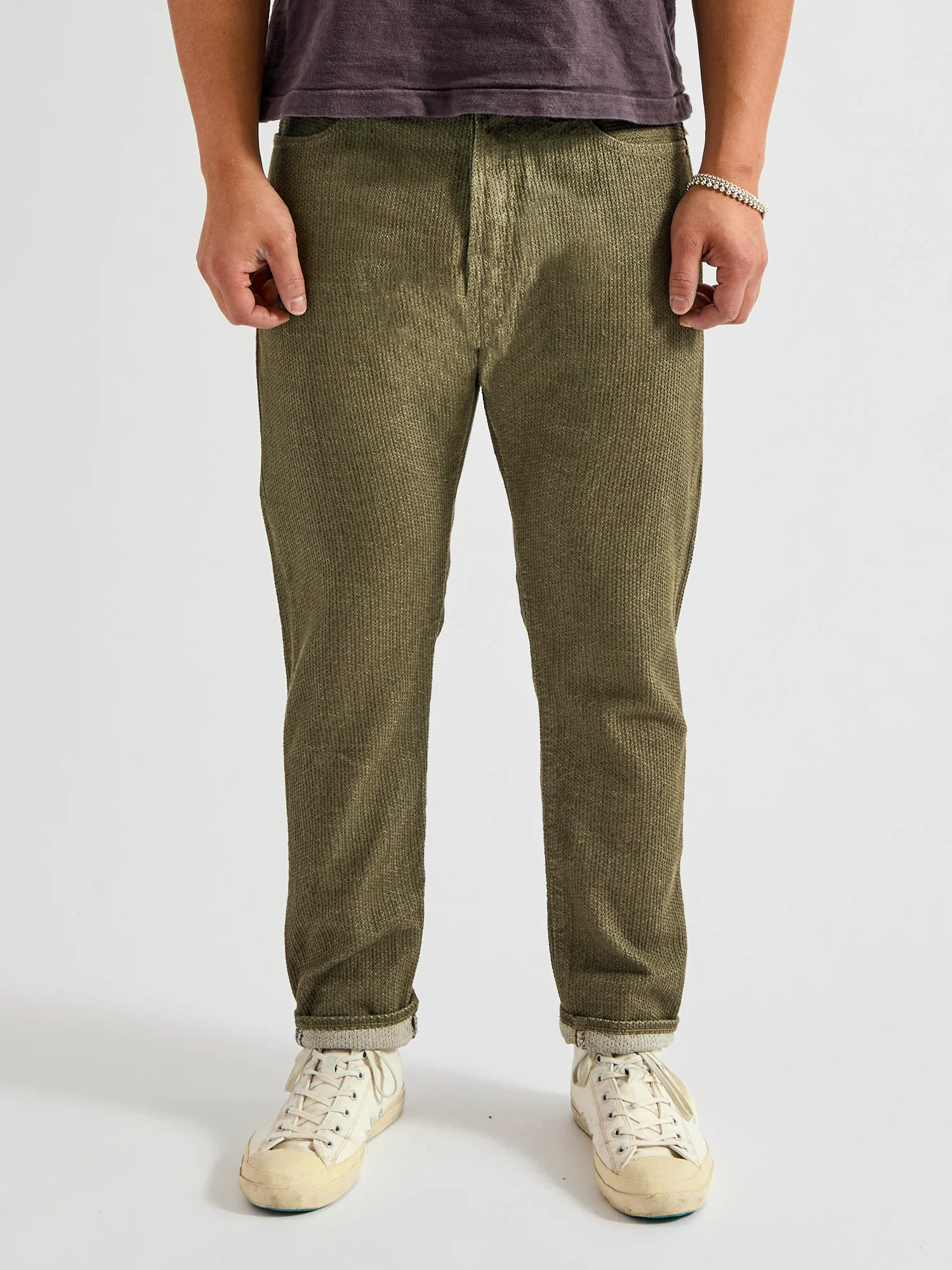 1170-2-OLV Olive Sashiko Denim - Relaxed Tapered Fit - Image 2
