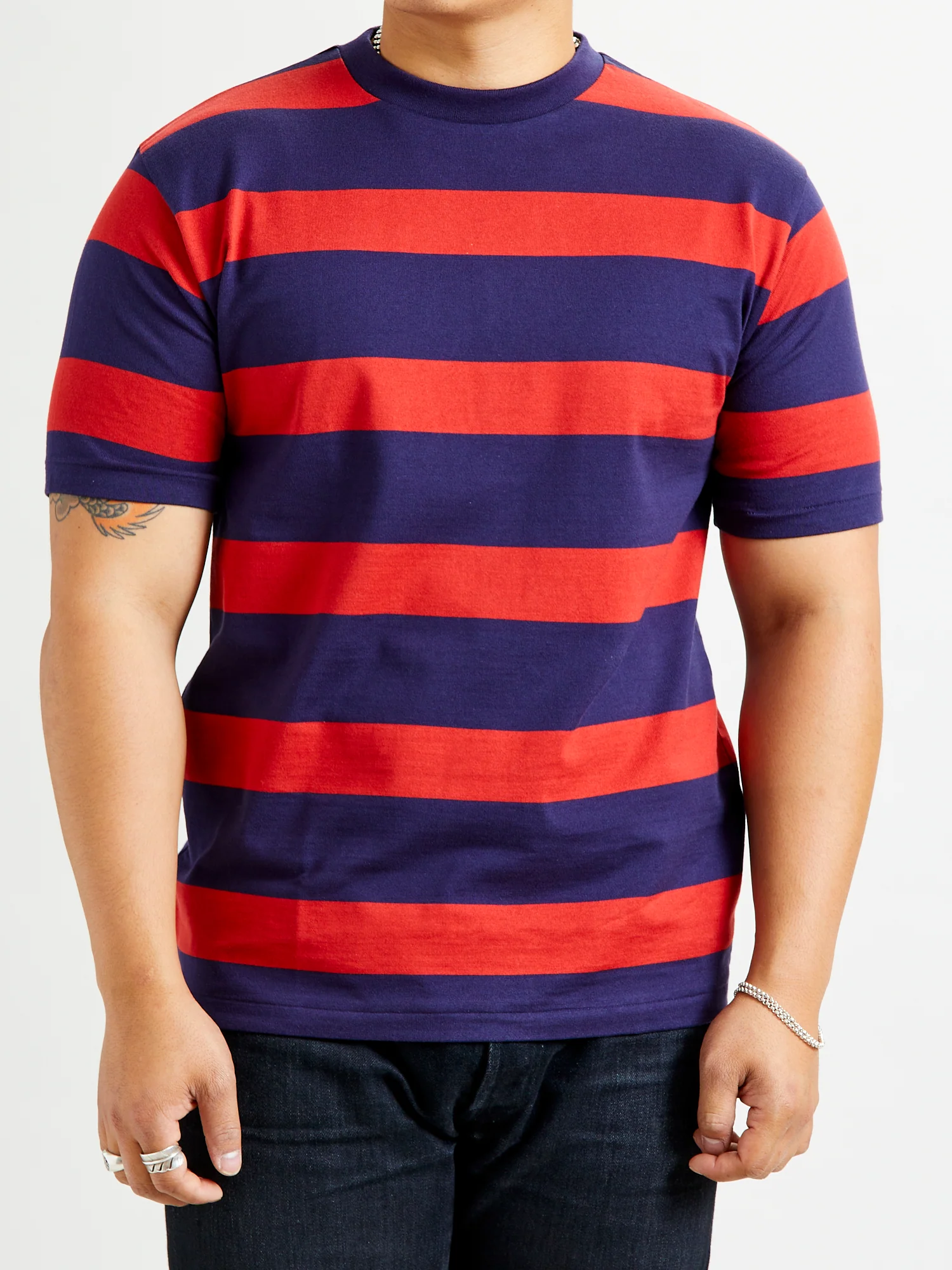 4089 Loopwheel Stripe Border Tee in Navy Red - Image 2