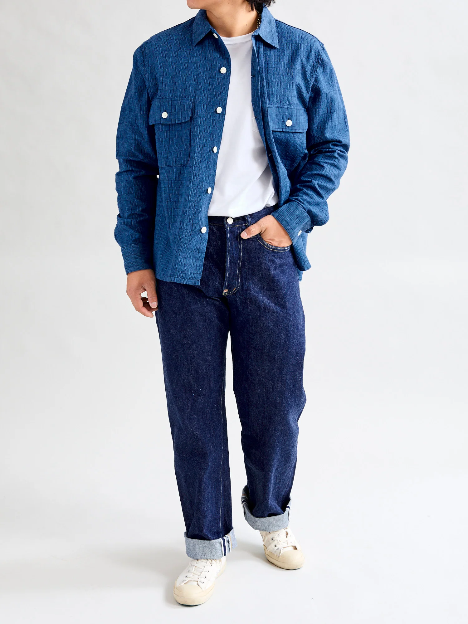 "Awa-Ai" Long Sleeve Shirt in Indigo Shijira Basketweave - Image 10