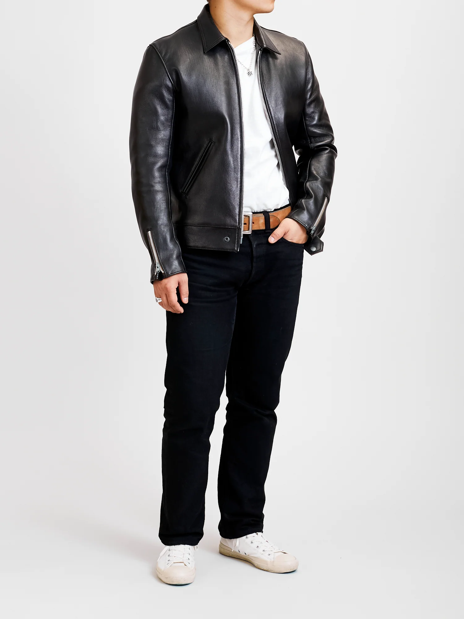 AD-01 Sheepskin Leather Center Zip Jacket in Black - Image 14