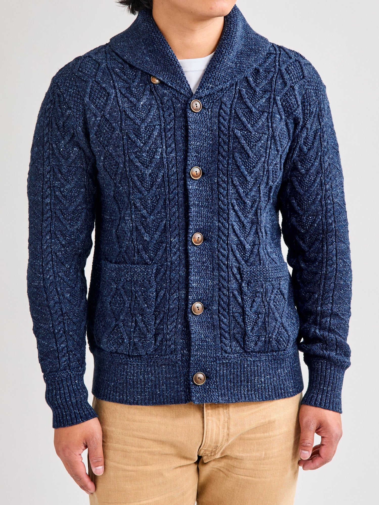Aran-Knit Shawl Collar Cardigan in Navy Heather - Image 2