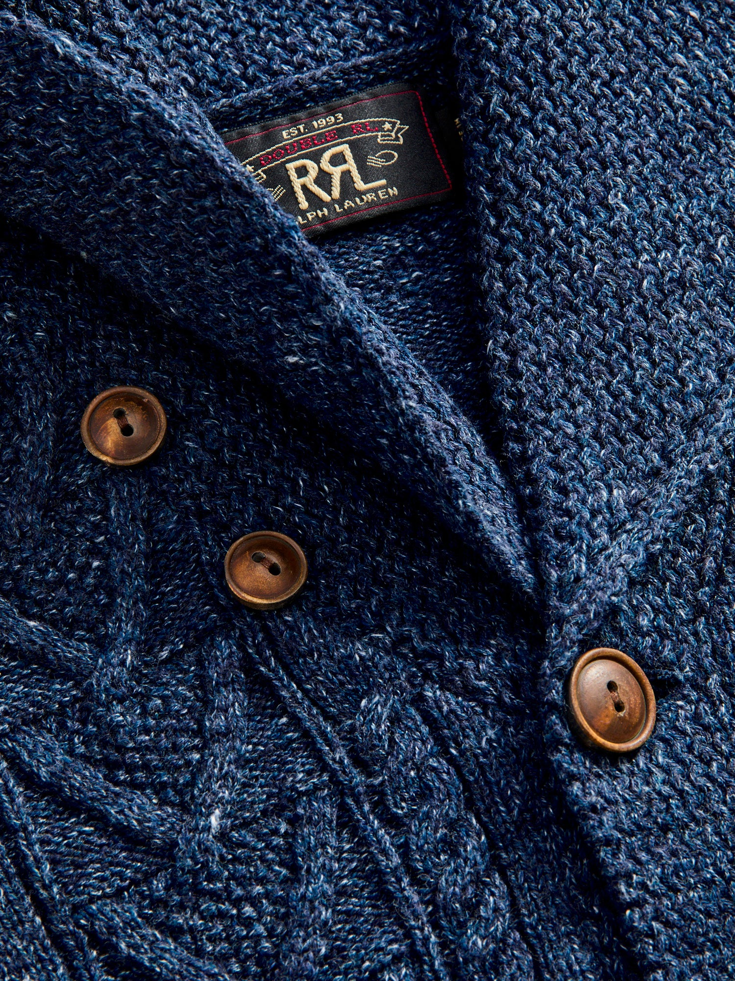 Aran-Knit Shawl Collar Cardigan in Navy Heather - Image 5