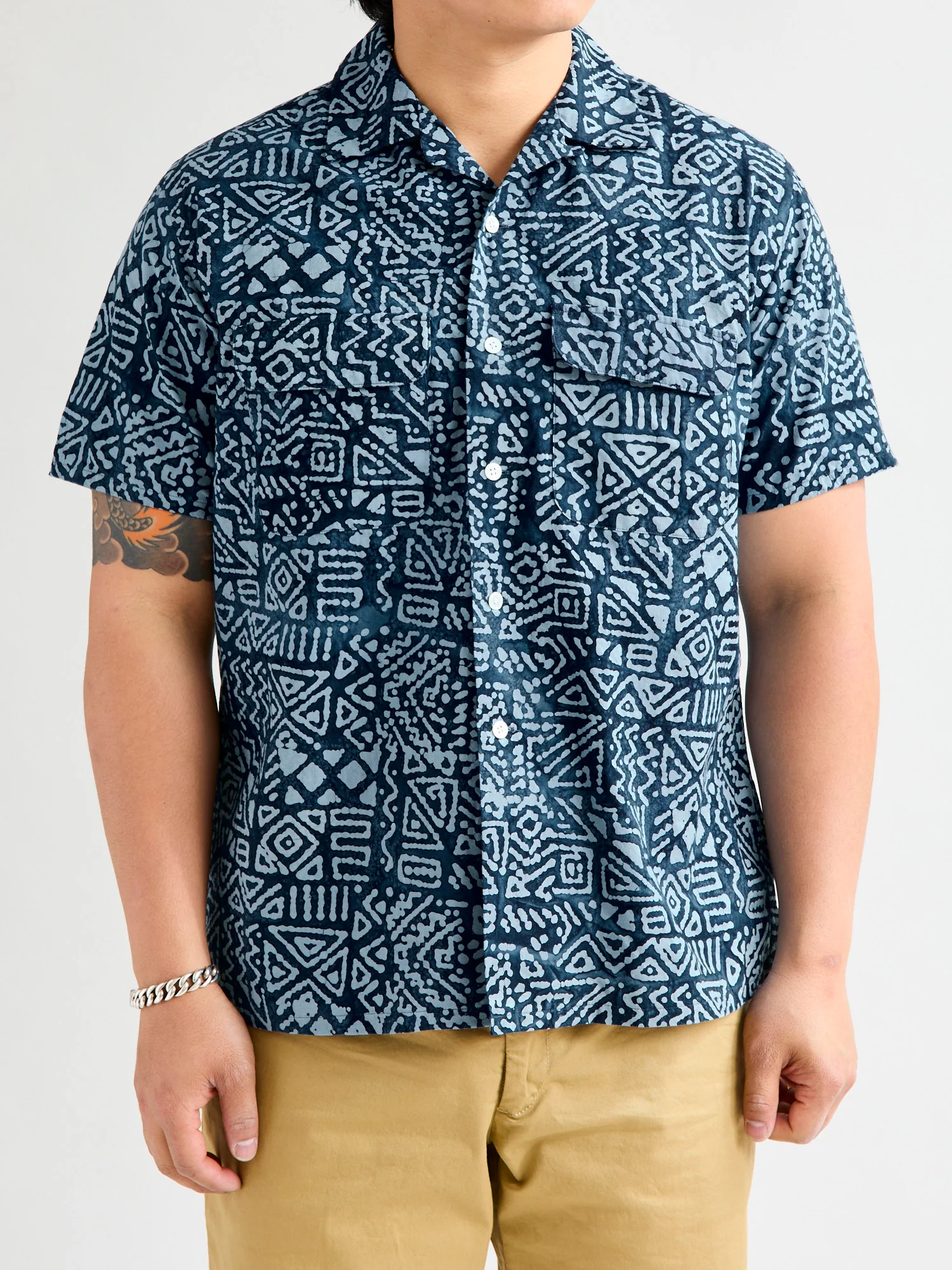 Batik Print Open Collar Shirt in Blue - Image 2
