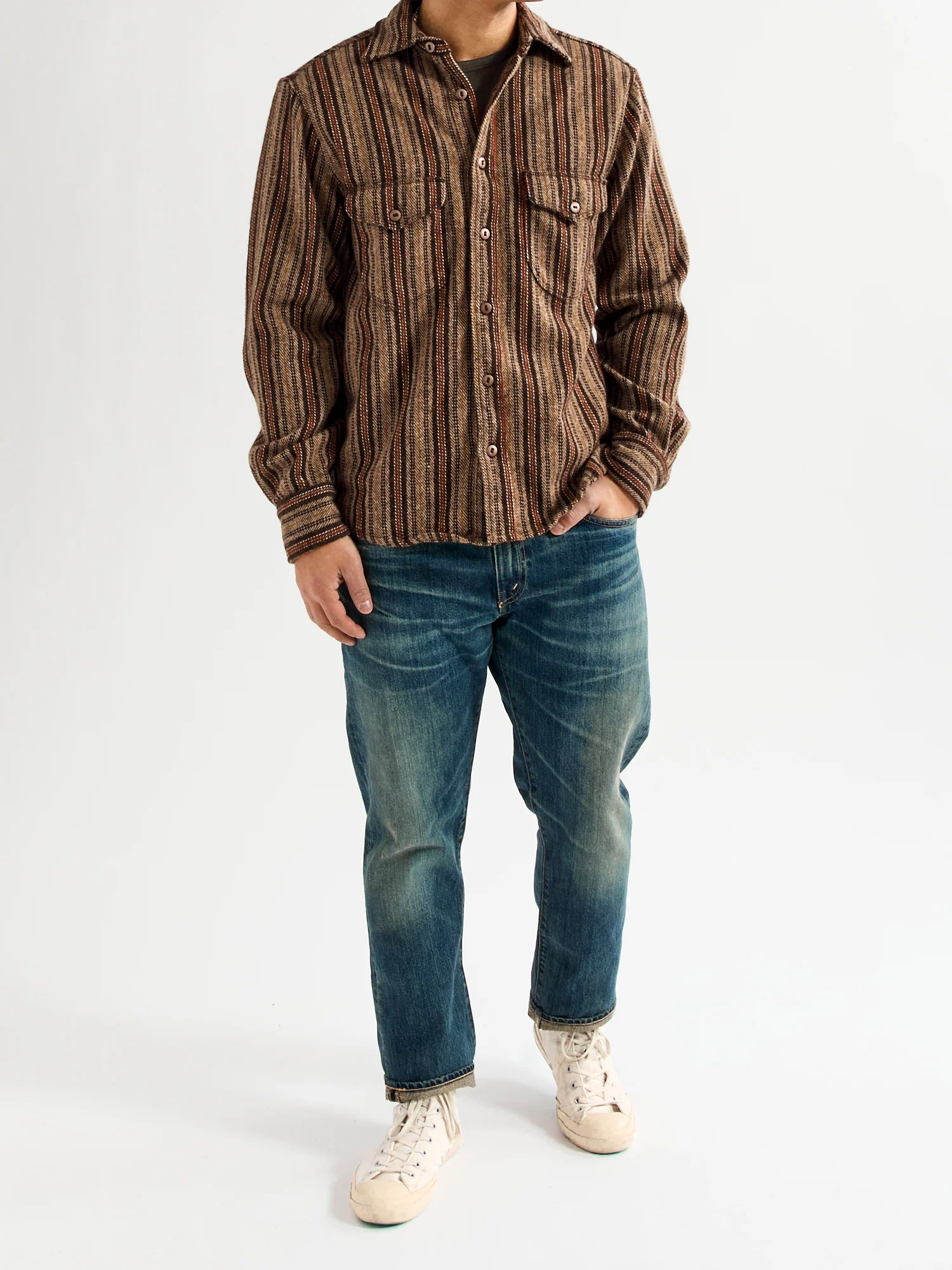 Bodie Wool Shirt in Brown Stripe - Image 9