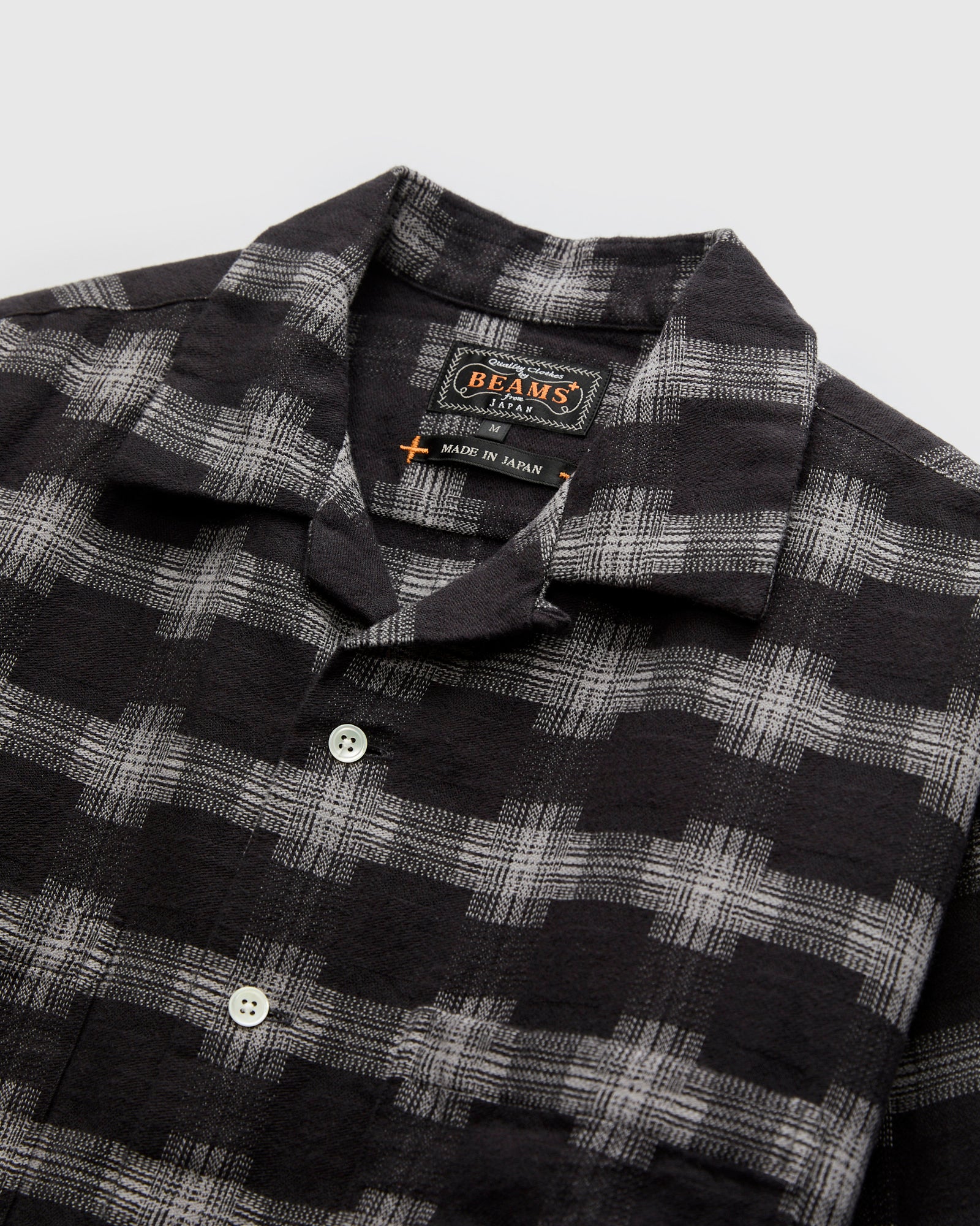 Brushed Satin Plaid Open Collar Shirt in Black - Image 3