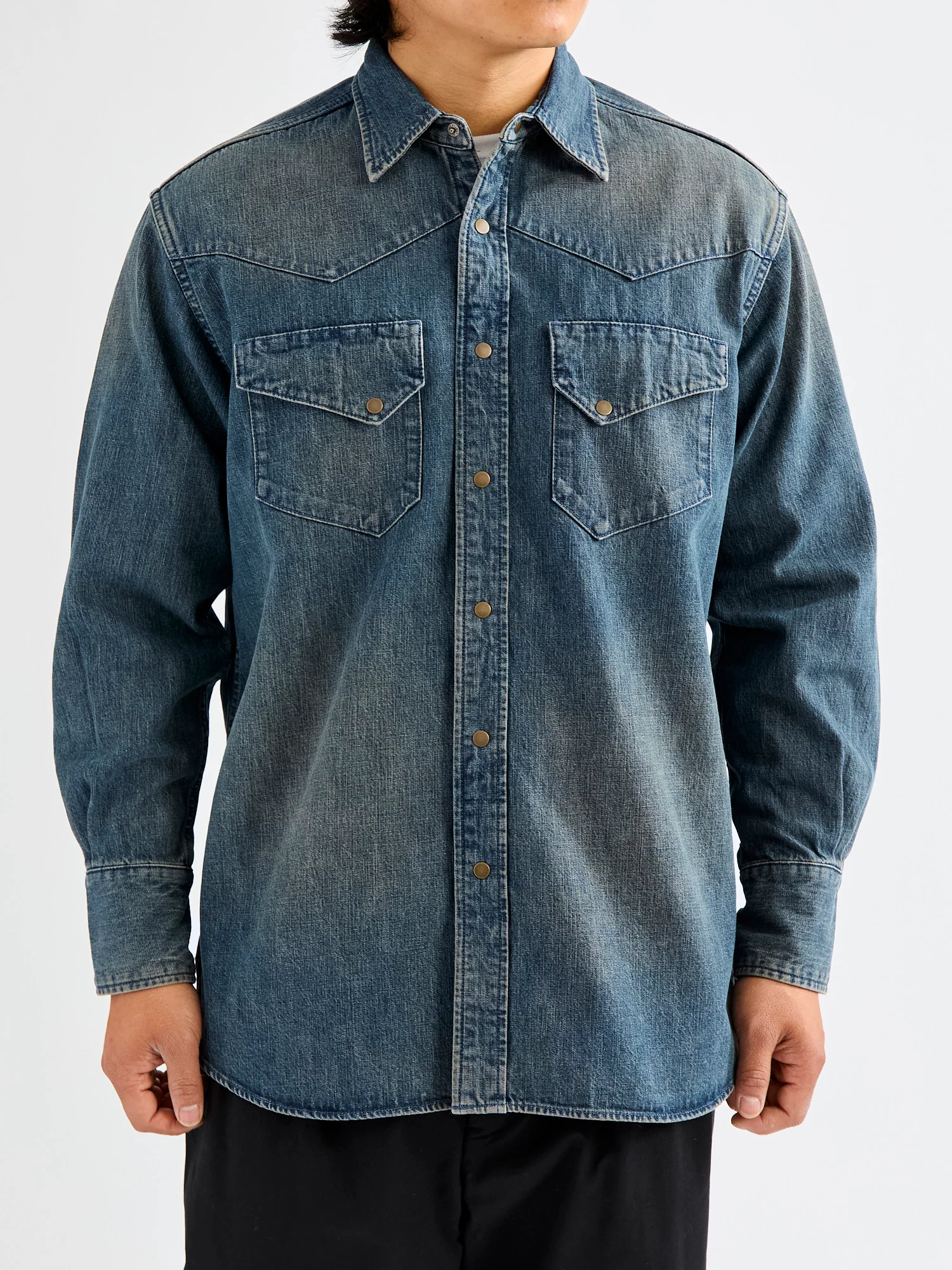Denim Western Button-Down Shirt in Indigo-Camel Double Dye - Image 2