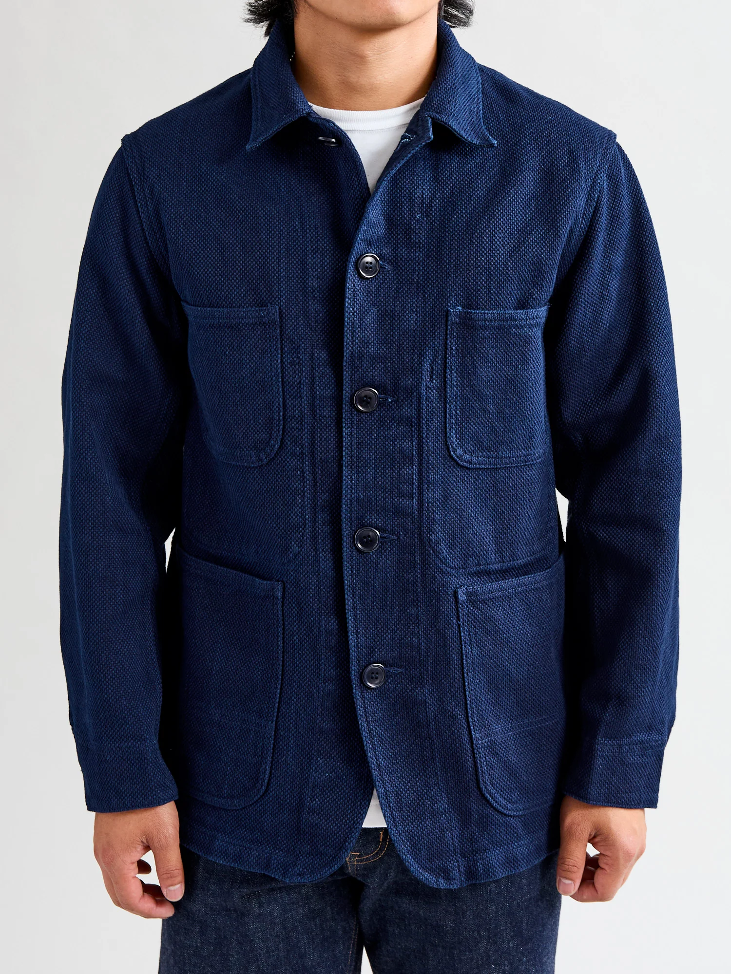 Double Cloth Sashiko Coverall Jacket in Hand Dyed Indigo - Image 2