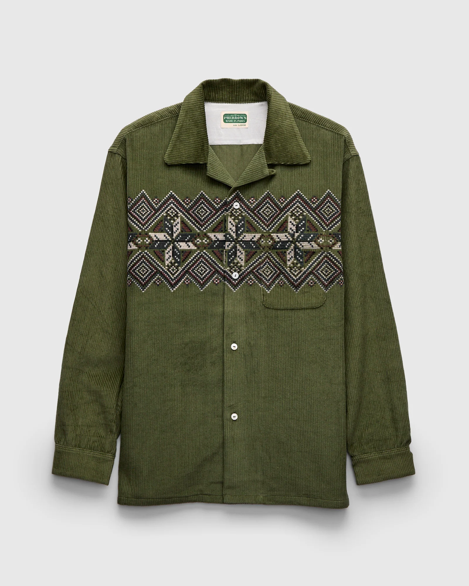 Embroidered Corduroy Overshirt in Olive
