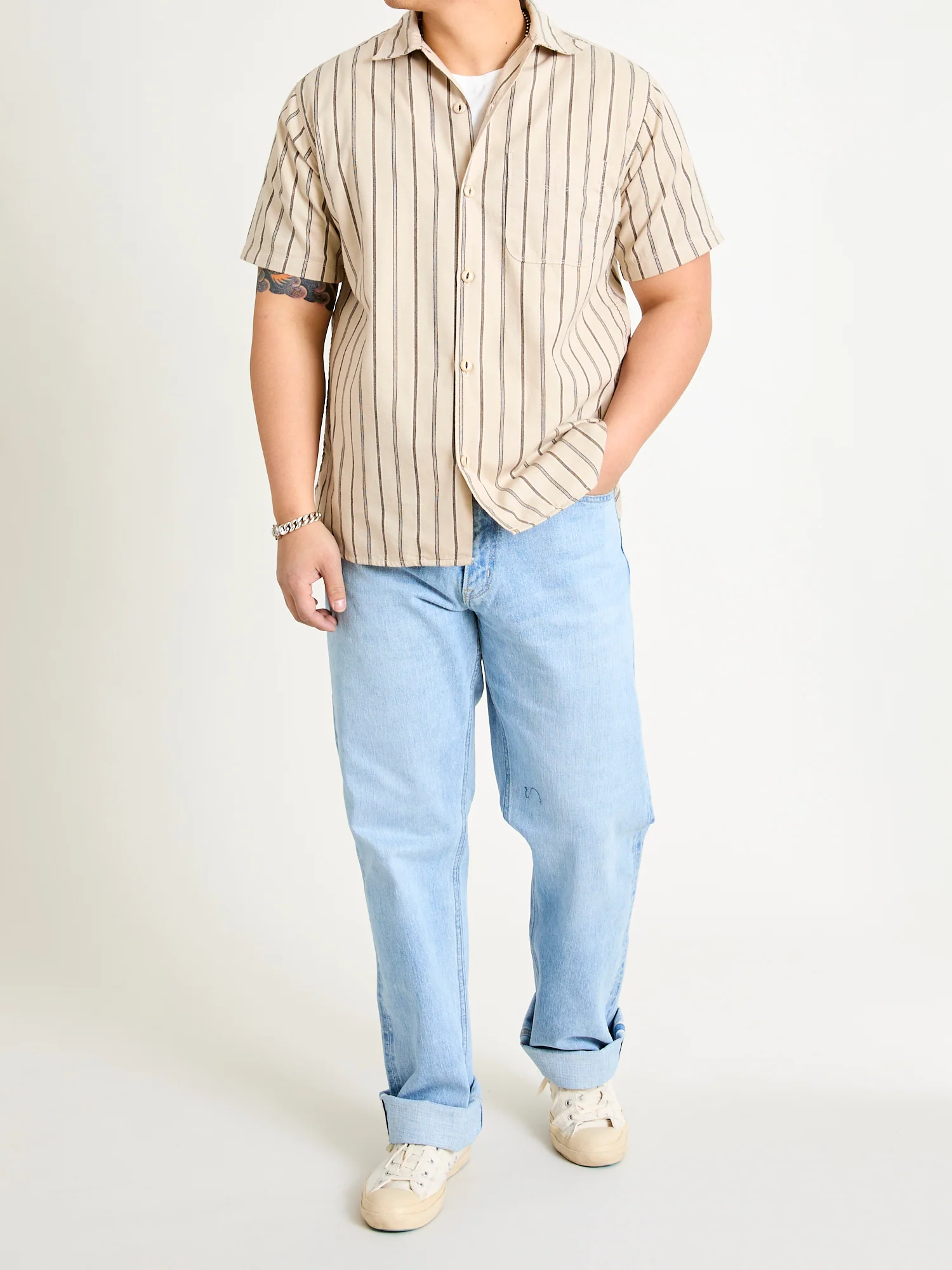 Hawaiian Button-Up Shirt in Stone Stripe - Image 11