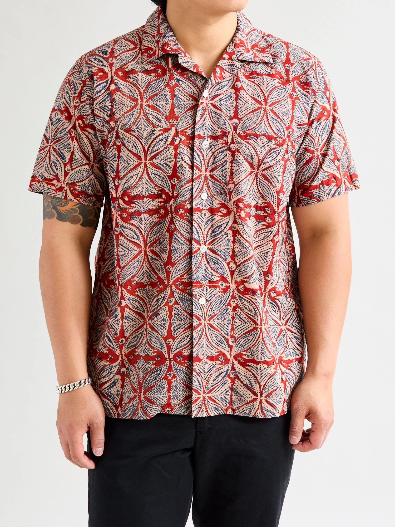Indian Block Print Open Collar Shirt in Vermillion - Image 2