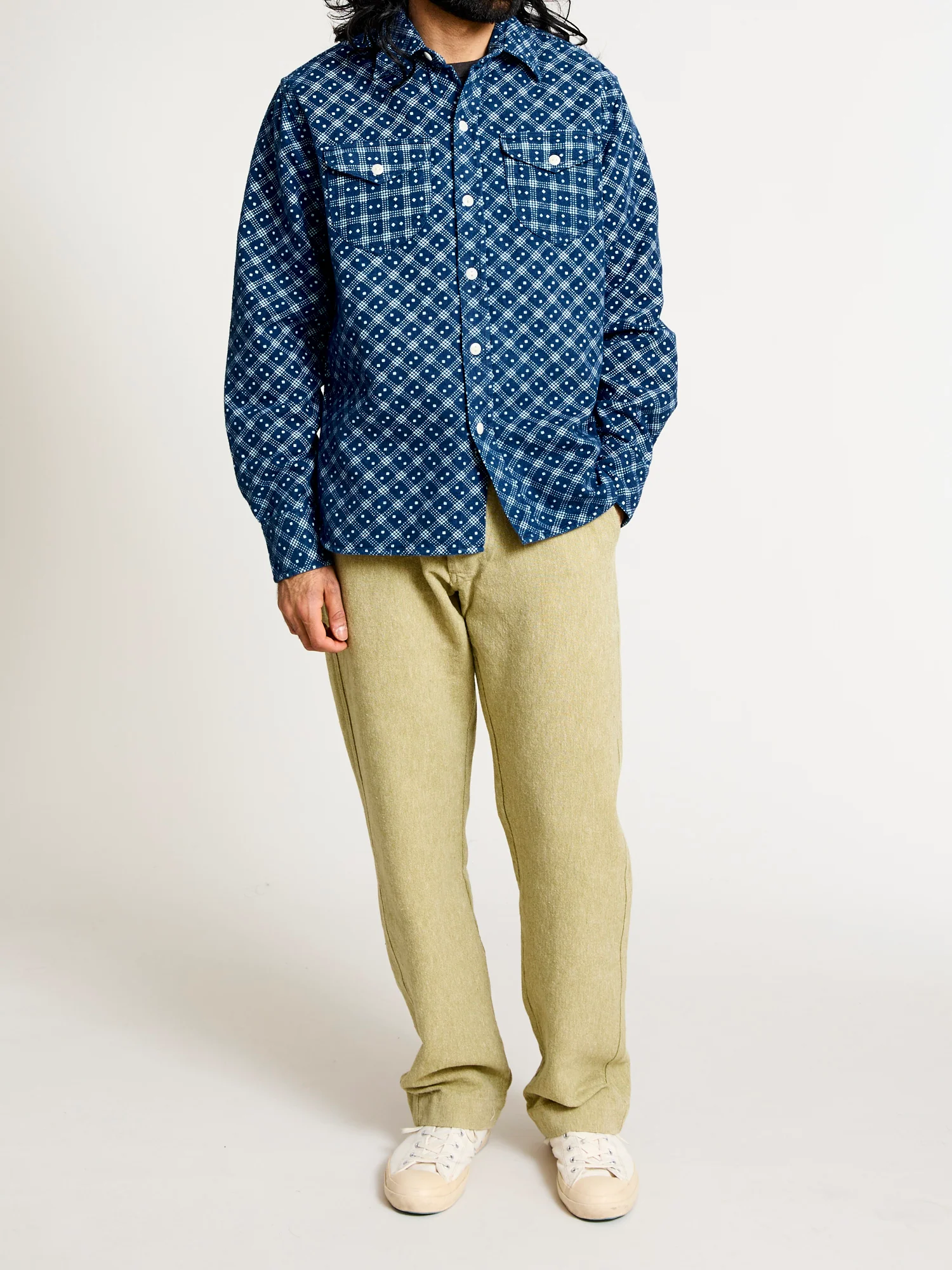 Indigo Discharge Diamond Flannel Shirt in Rinsed Indigo - Image 10
