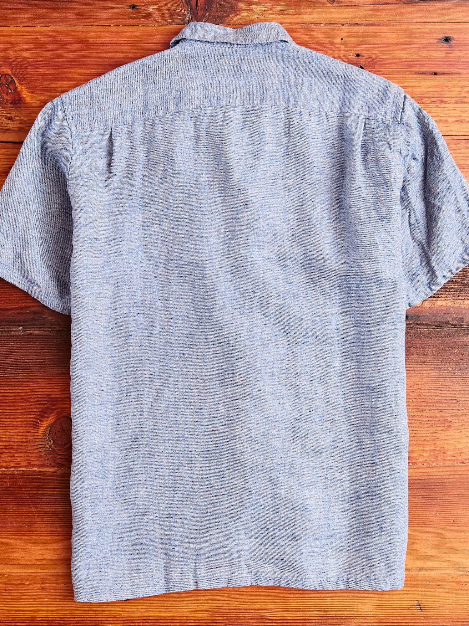 Linen Chambray Open Collar Shirt in Navy - Image 8