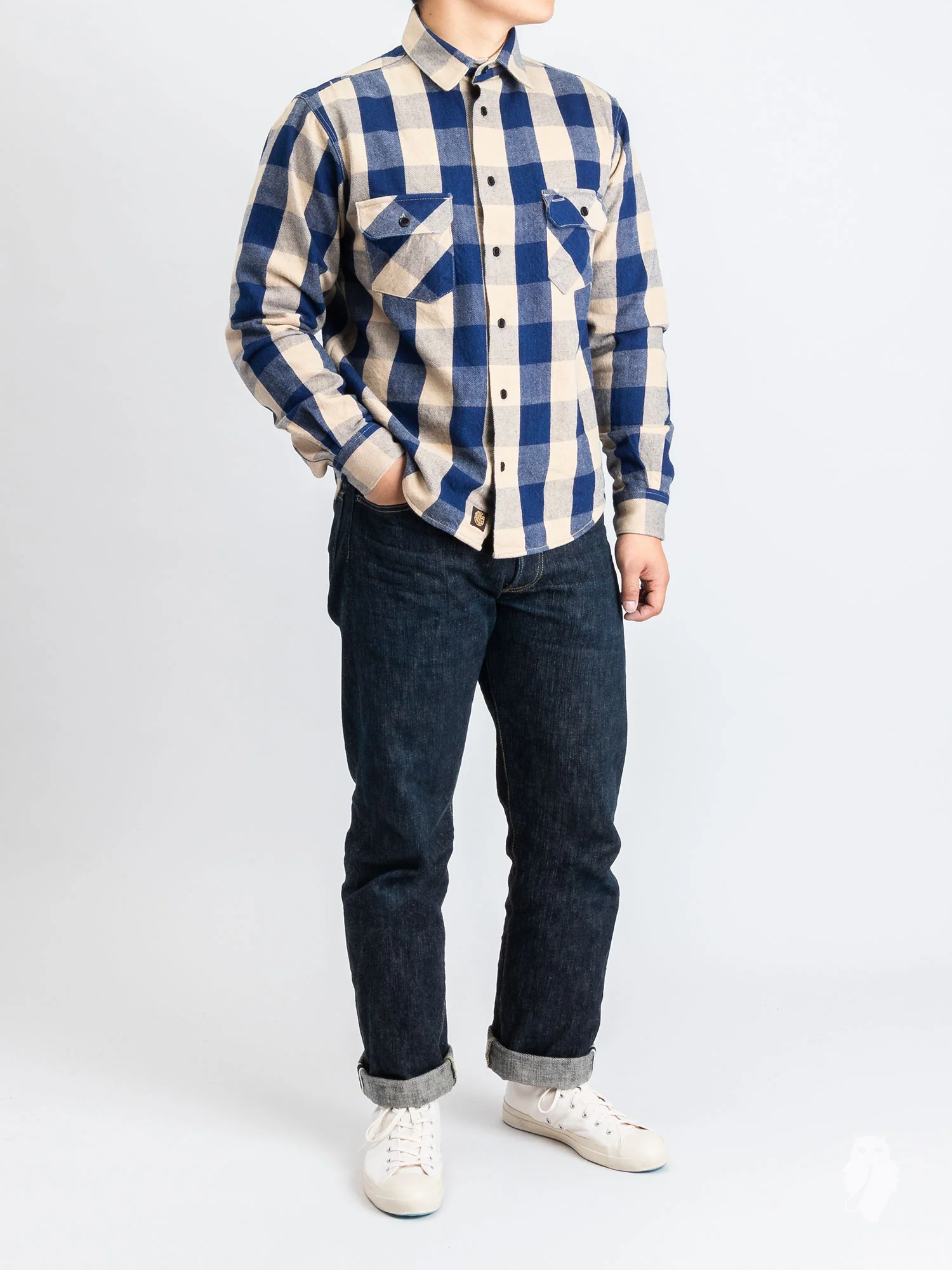 Norris Selvedge Flannel in Indigo/Beige - Image 9