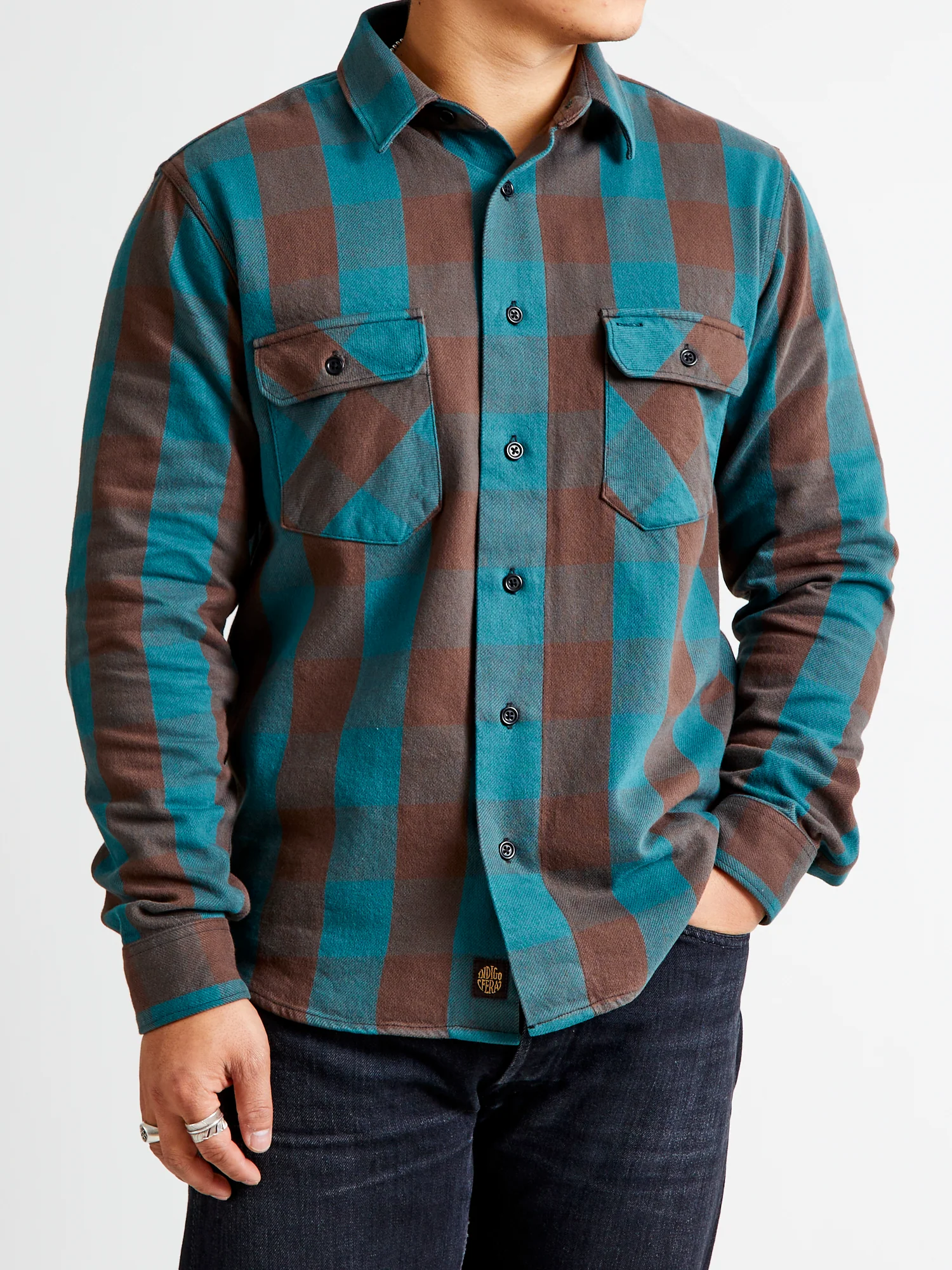 Norris Selvedge Flannel in Petrol/Brown - Image 2