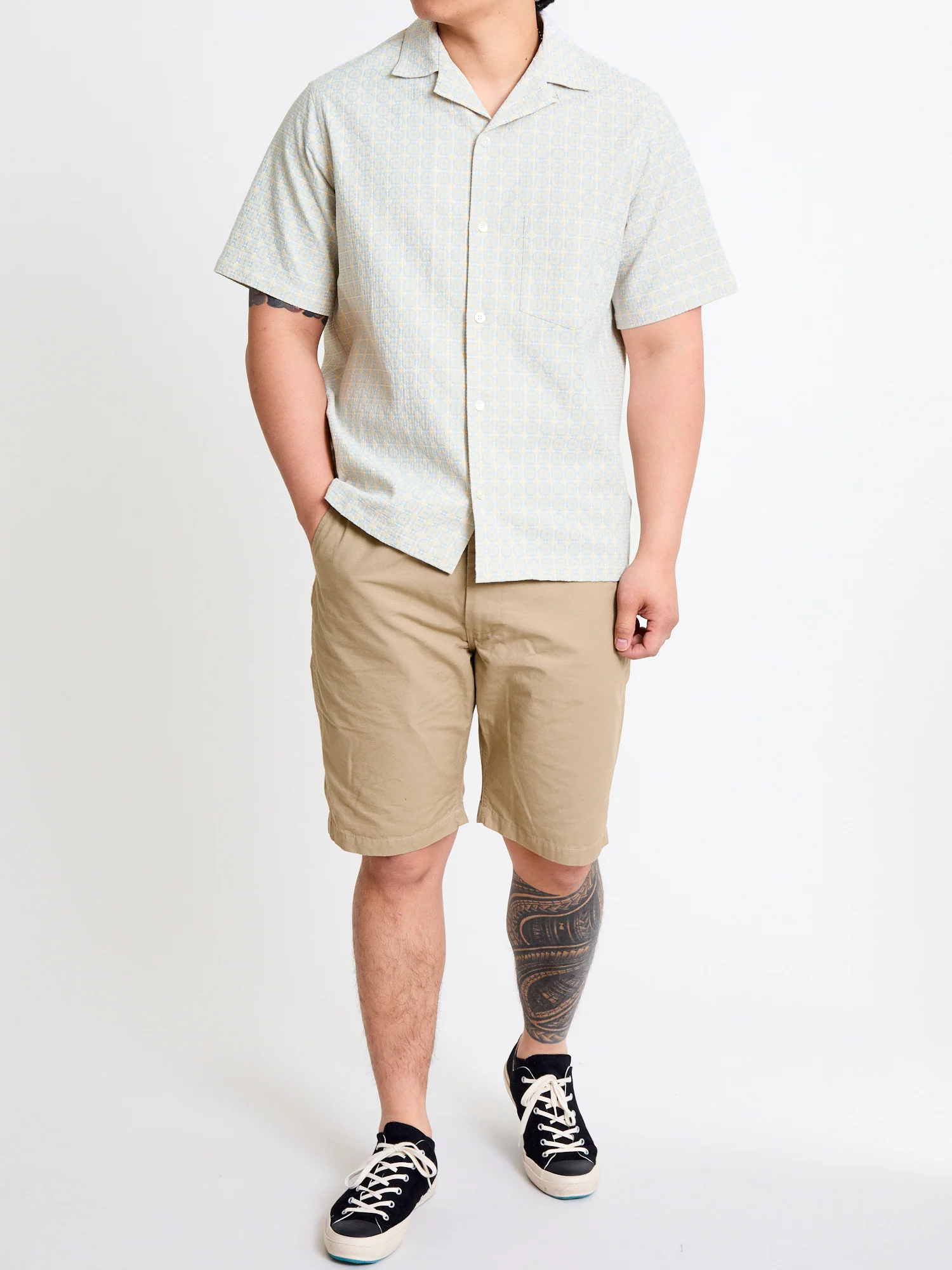 Portuguese Tile Button-Up Shirt in Blue Beige - Image 10