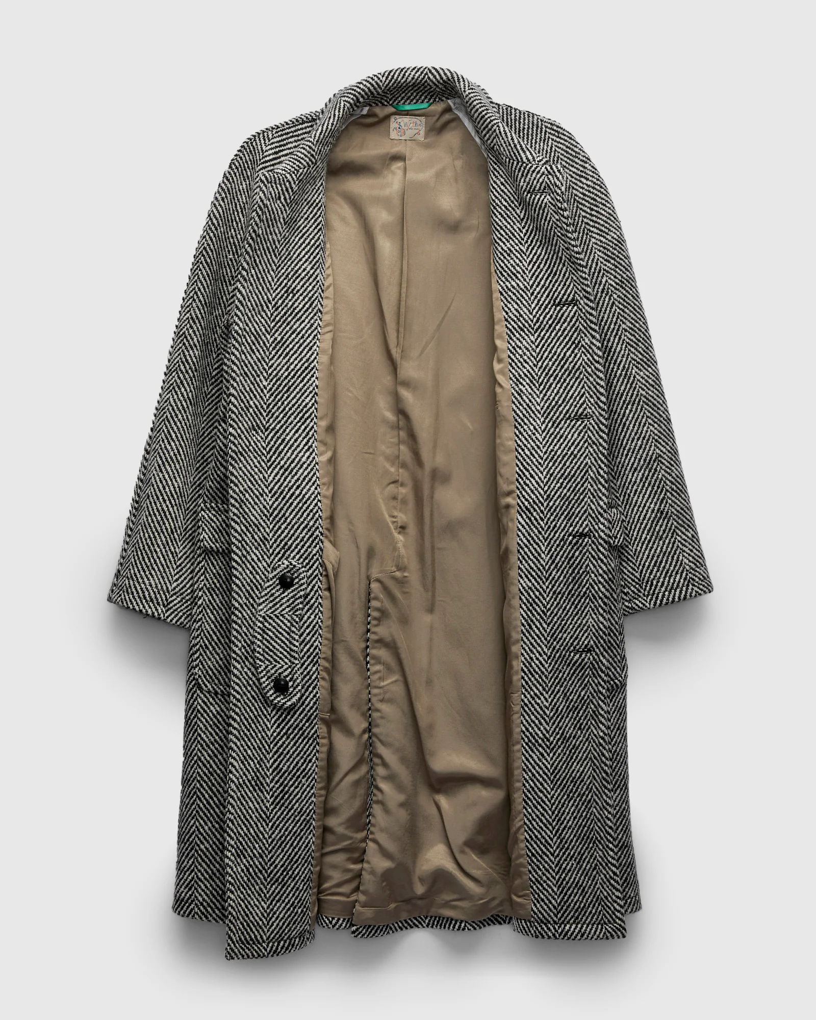 Raglan Wool Overcoat in Black/Cream Herringbone Tweed - Image 2