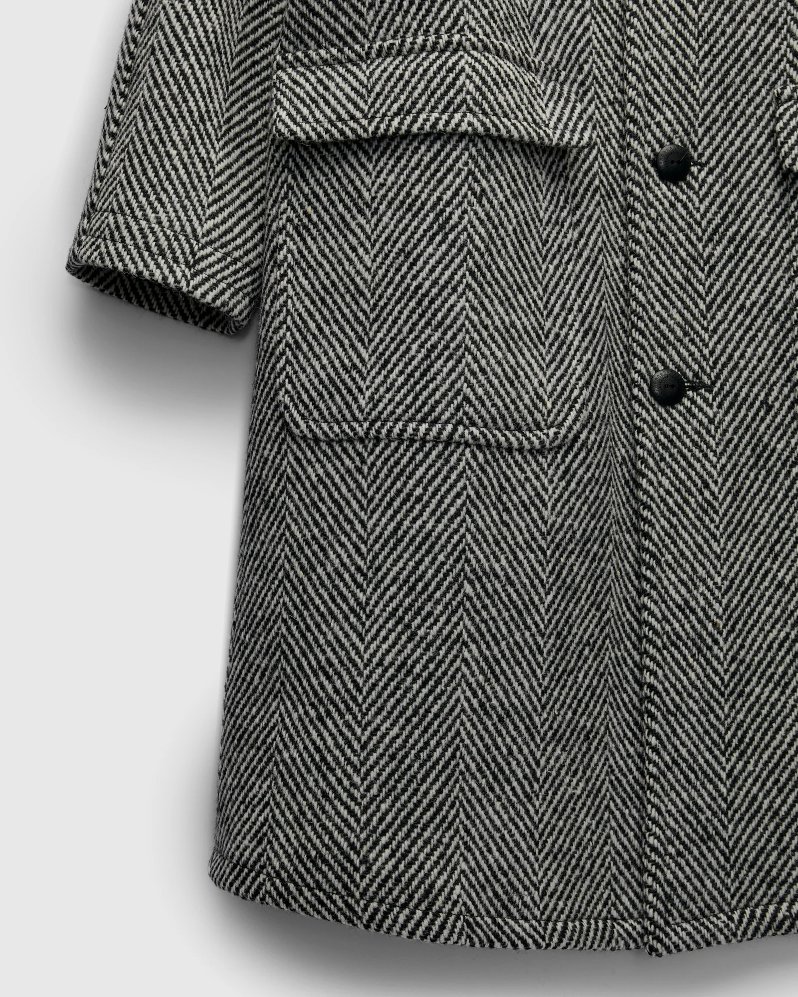 Raglan Wool Overcoat in Black/Cream Herringbone Tweed - Image 5