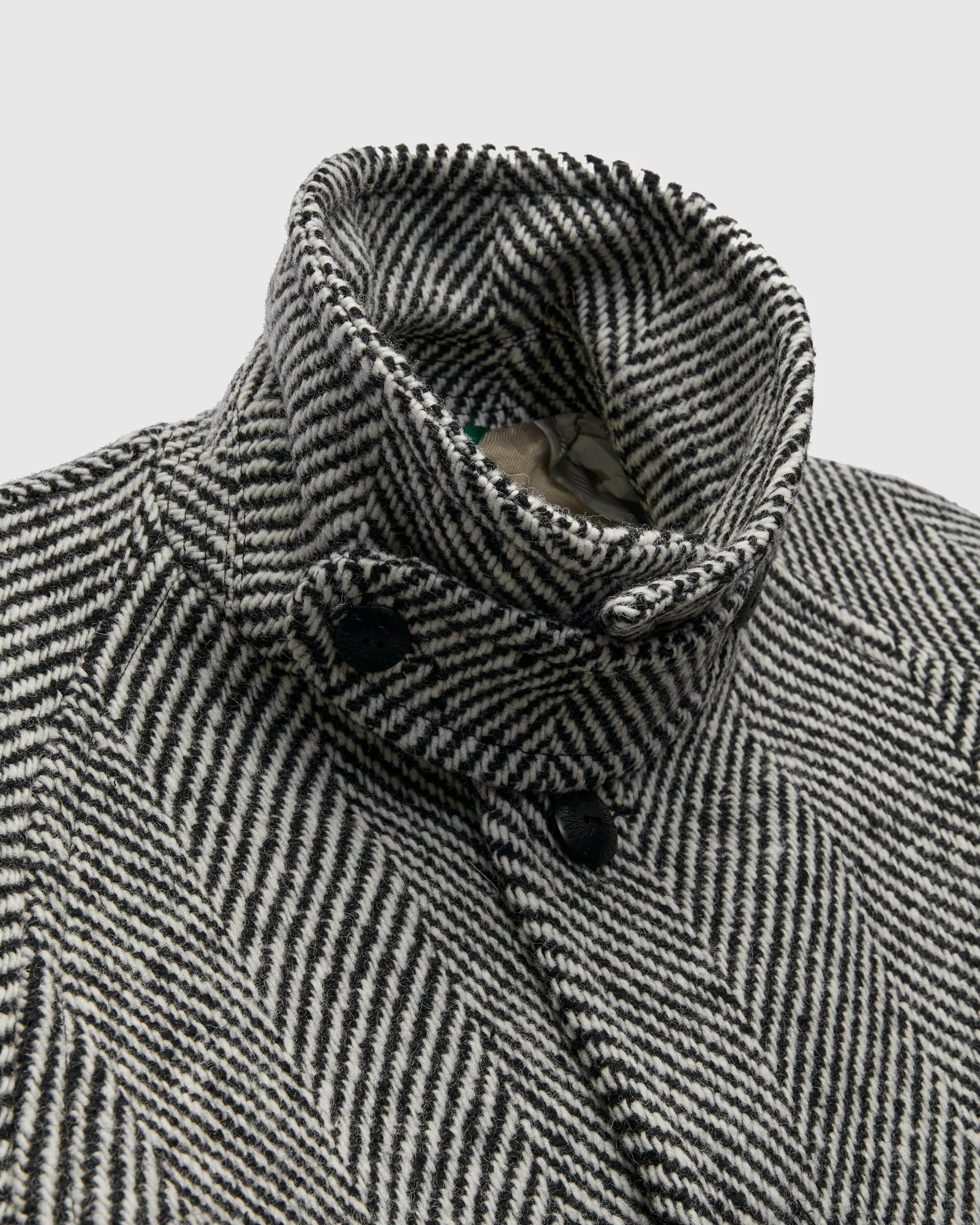 Raglan Wool Overcoat in Black/Cream Herringbone Tweed - Image 8