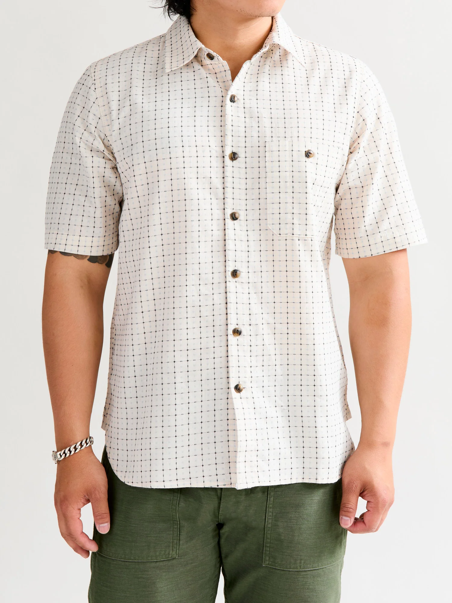 "Sashiko Grid" Oxford Shirt in Natural - Image 2