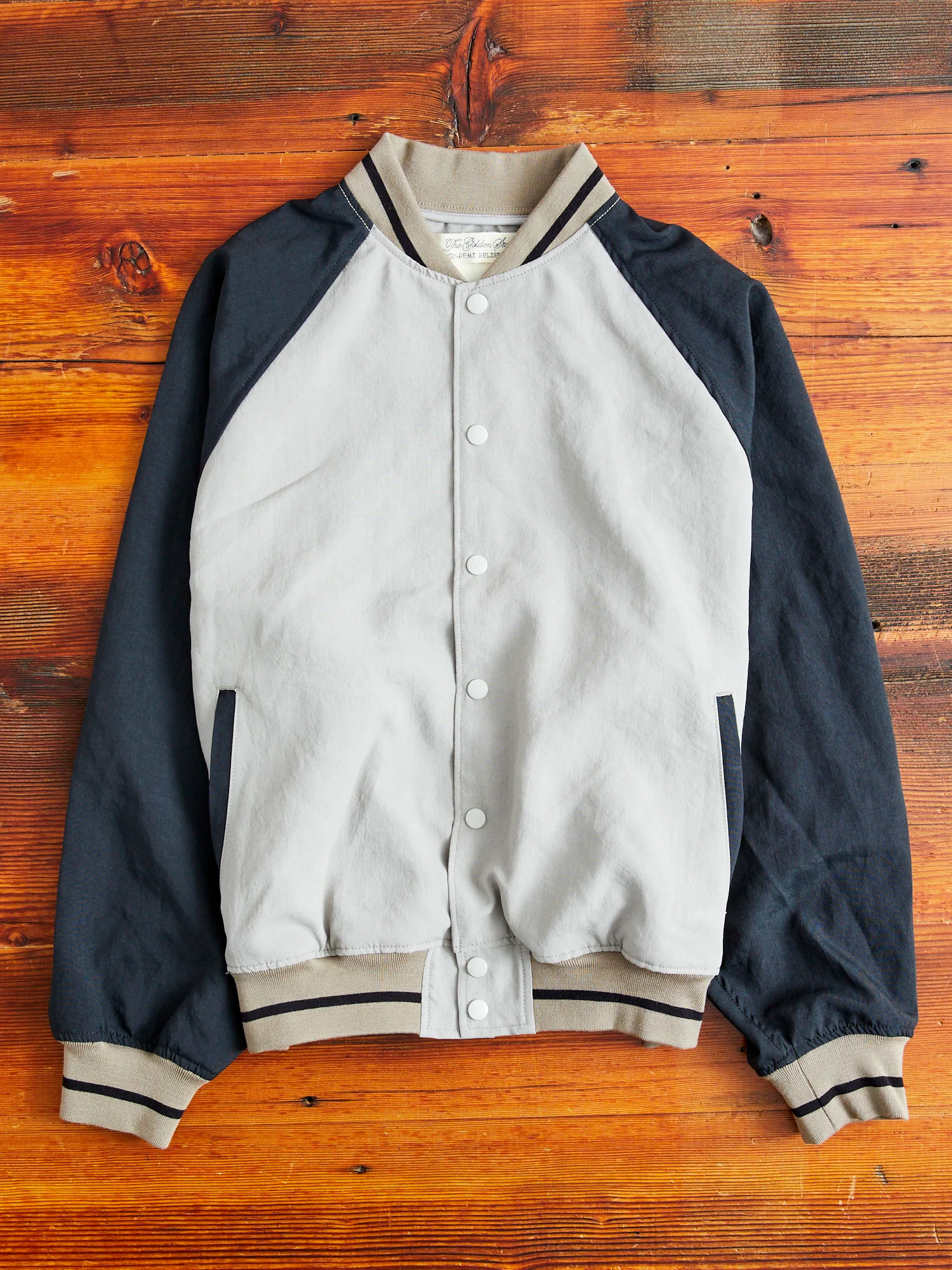Two-Tone Baseball Jacket in Greige - Image 3