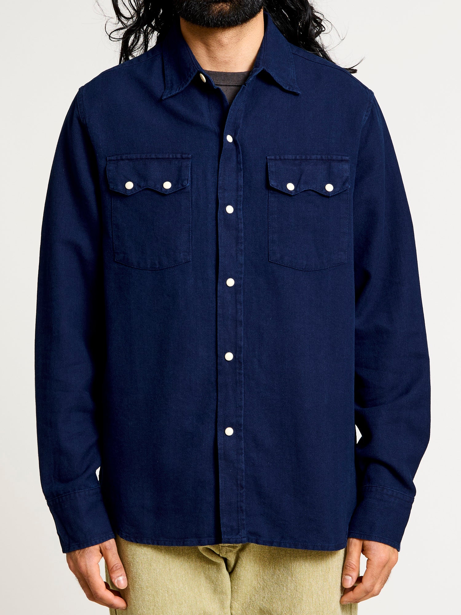 Yarn-Dyed Sateen Pearl Snap Shirt in Rinsed Indigo - Image 2
